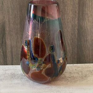 Michal Stanek Hand Blown Glass Tapered Purple Multicolor Vase Signed USA 8.5"